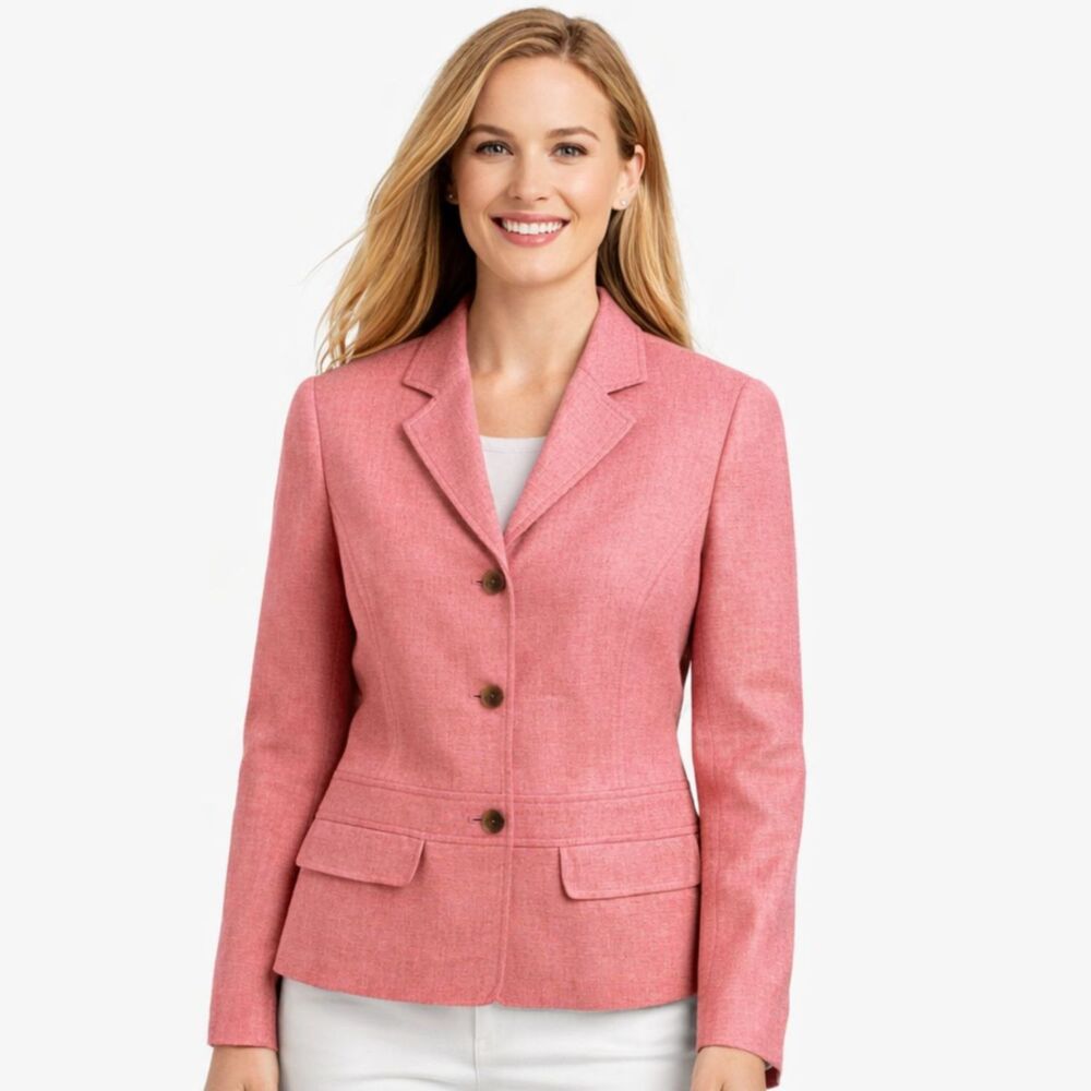 Lands End Wool Silk Linen Blazer Womens Size 10 Pink 3 Button Tailored Jacket